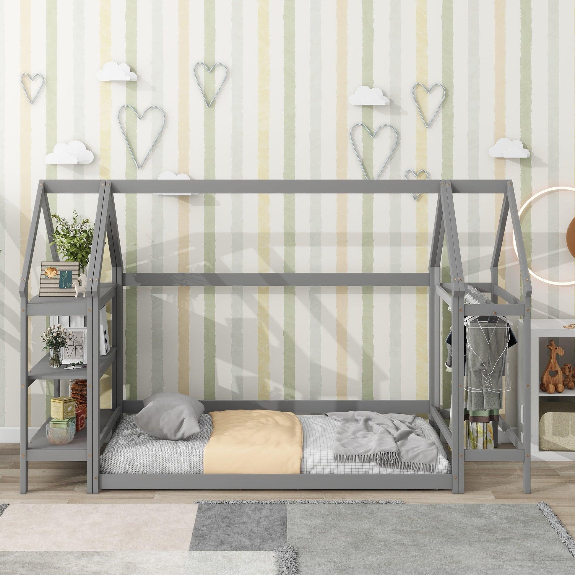 Twin House-Shaped Floor Bed with 2 Detachable Stands Grey - FurniFindUSA