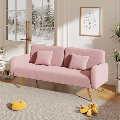 70.47" Pink Fabric Double Sofa with Split Backrest and Two Throw Pillows - FurniFindUSA