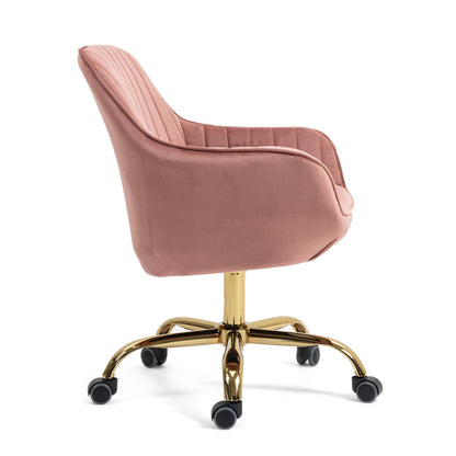 360° Pink Velvet Swivel Chair With High Back Adjustable Working Chair With Golden Color Base - FurniFindUSA