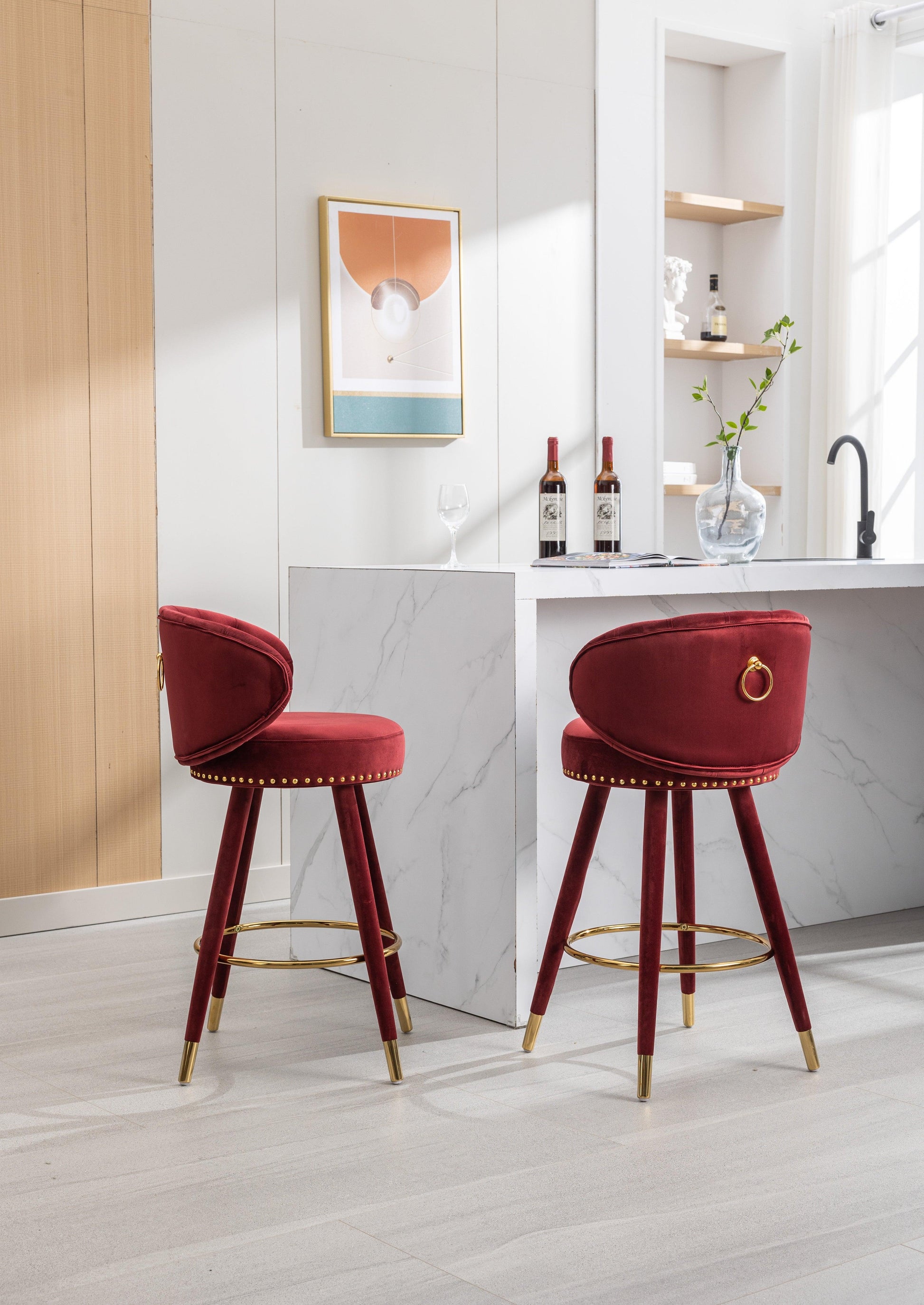 COOLMORE Counter Height Bar Stools Set of 2 for Kitchen Counter Solid Wood Legs with a fixed height of 360 degrees Claret Red - FurniFindUSA