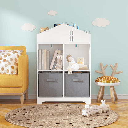 Kids Dollhouse Bookcase with Storage 2-Tier Storage Display Organizer (White/Gray) - FurniFindUSA