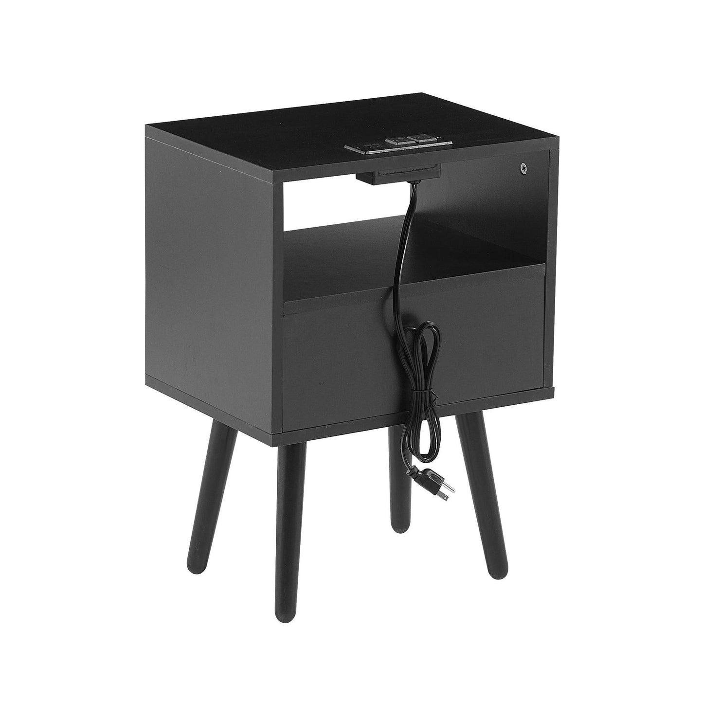 15.75" Rattan End table with Power Outlet & USB Ports Modern nightstand with drawer and solid wood legs black - FurniFindUSA