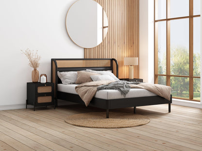 3 Pieces Modern Cannage Rattan Platform Queen Bed + Nightstand*2 Black - FurniFindUSA