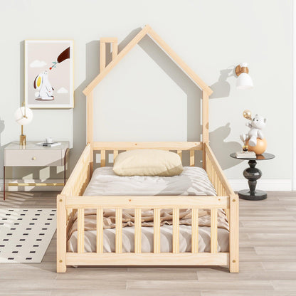 Twin House-Shaped Headboard Floor Bed with Fence Natural - FurniFindUSA