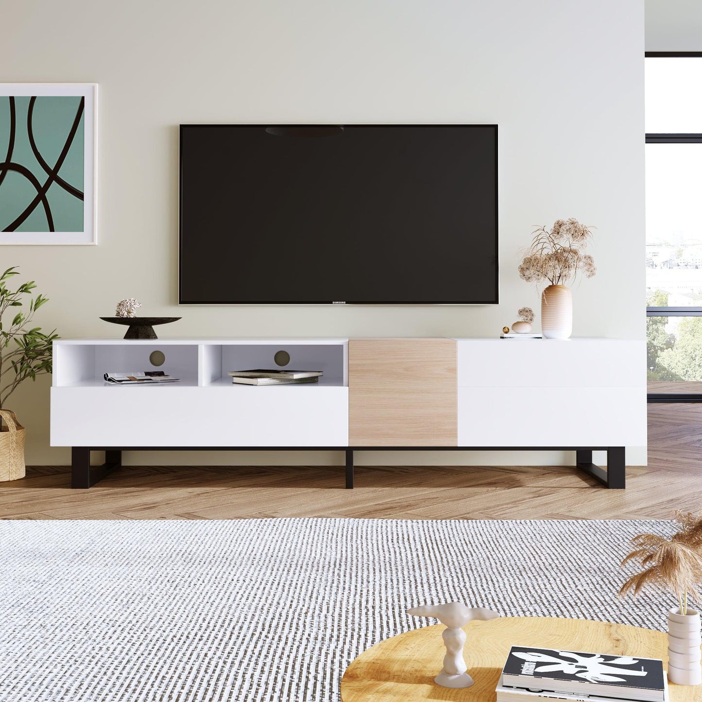 Modern TV Stand for 80'' TV with Double Storage Space Media Console Table Entertainment Center with Drop Down Door - FurniFindUSA