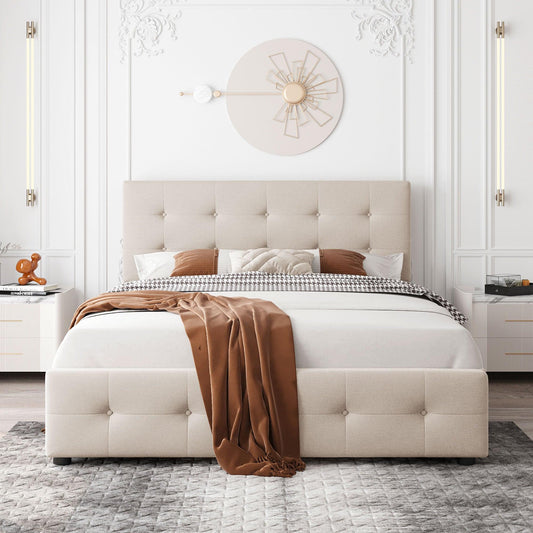 Upholstered Platform Bed with Classic Headboard and 4 Drawers No Box Spring Needed Linen Fabric Queen Size Beige - FurniFindUSA