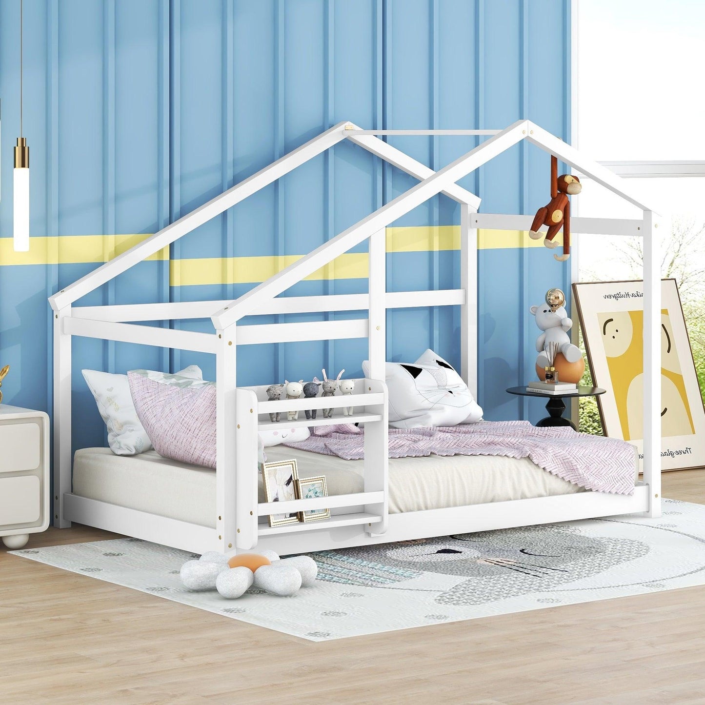 Twin Size Wooden House Bed Twin Floor Wooden Bed with Shelf No Box Spring White Color TWIN BED - FurniFindUSA