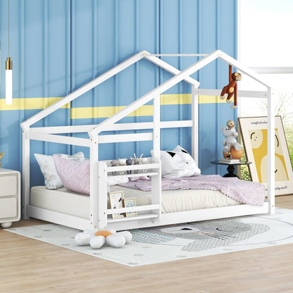 Twin Size Wooden House Bed Twin Floor Wooden Bed with Shelf No Box Spring White Color TWIN BED - FurniFindUSA