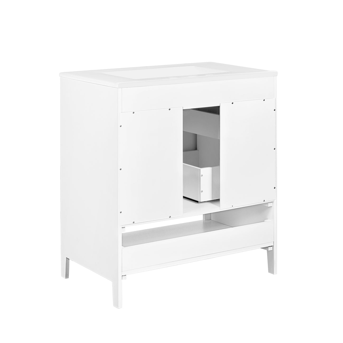 30" Bathroom Vanity with Sink Multi-functional Bathroom Cabinet with Doors and Drawers Solid Frame and MDF Board, White