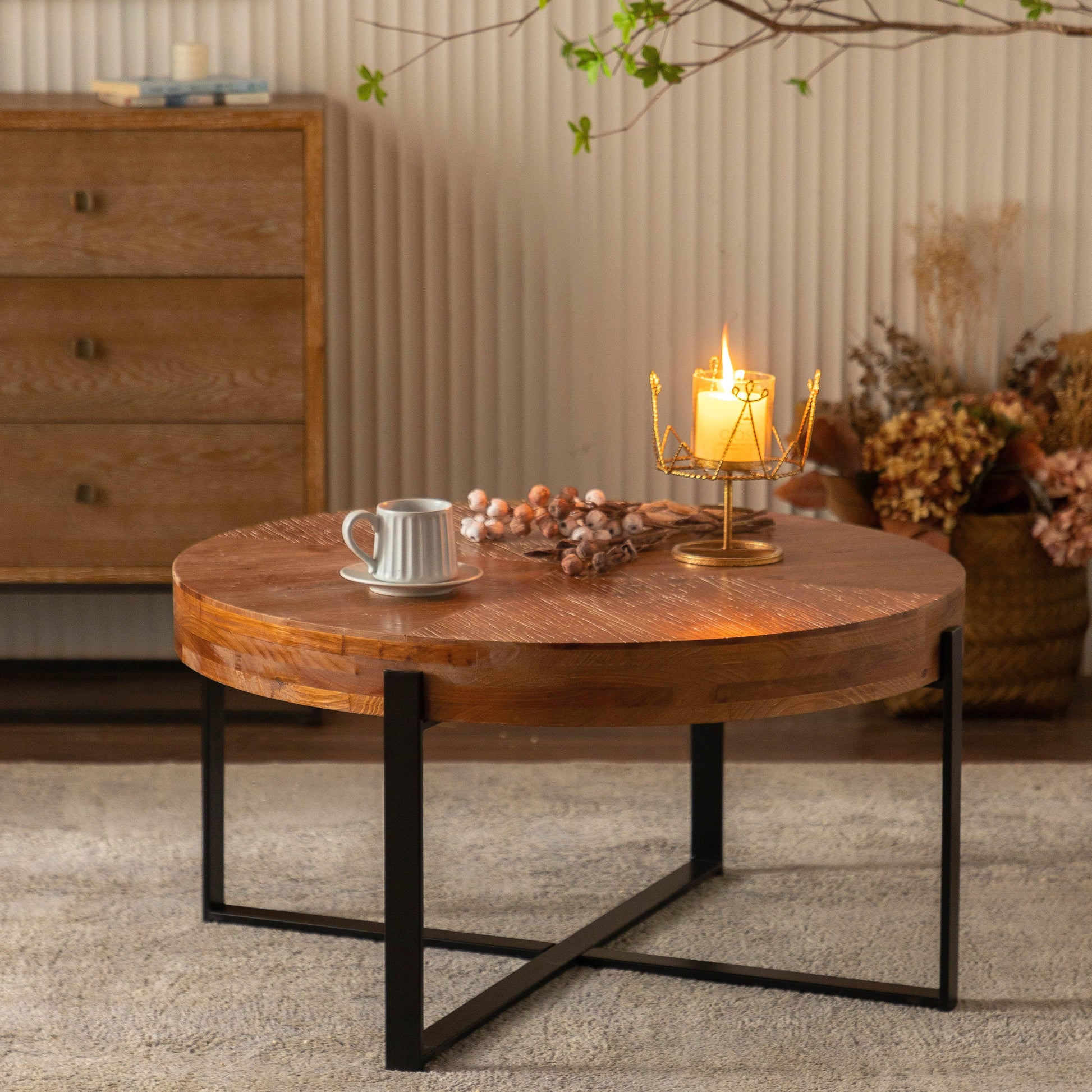 33.86"Modern Retro Splicing Round Coffee Table Fir Wood Table Top with Black Cross Legs Base - FurniFindUSA