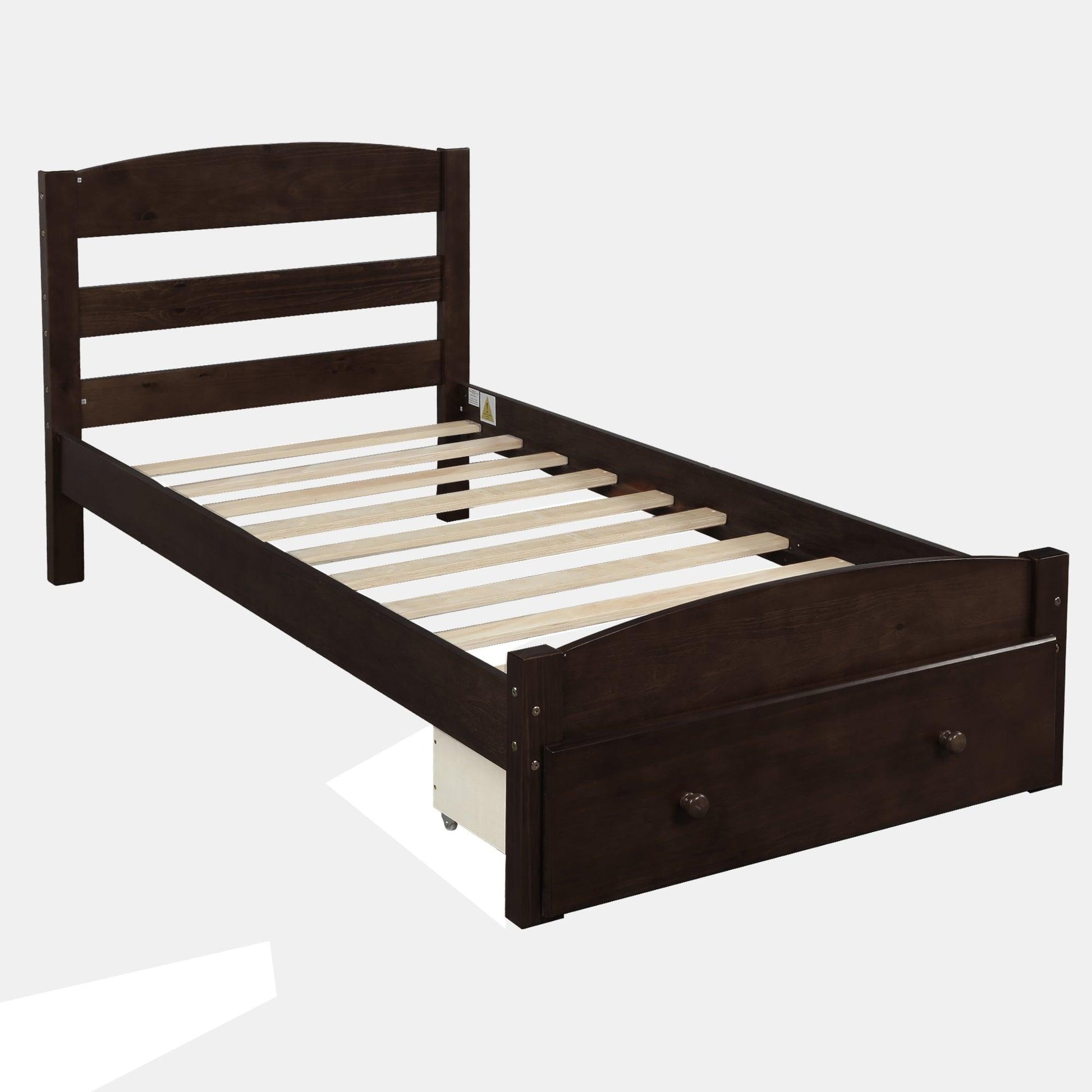 Platform Twin Bed Frame with Storage Drawer and Wood Slat Support No Box Spring Needed Espresso - FurniFindUSA