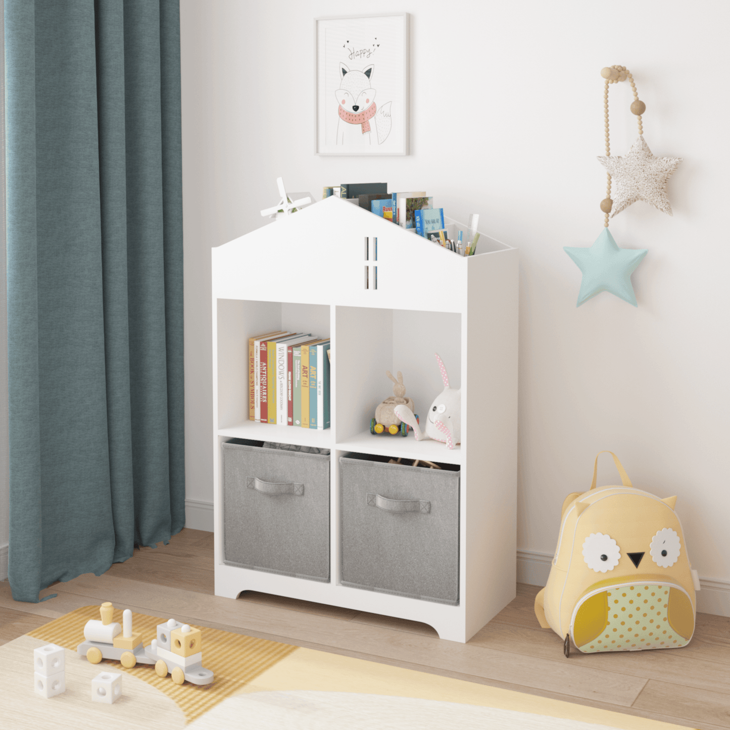 Kids Dollhouse Bookcase with Storage 2-Tier Storage Display Organizer (White/Gray) - FurniFindUSA