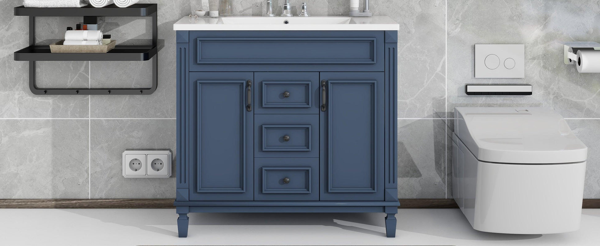 36 inch blue bathroom vanity with top sink, 2 soft doors and 2 drawers, single sink bathroom vanity - FurniFindUSA