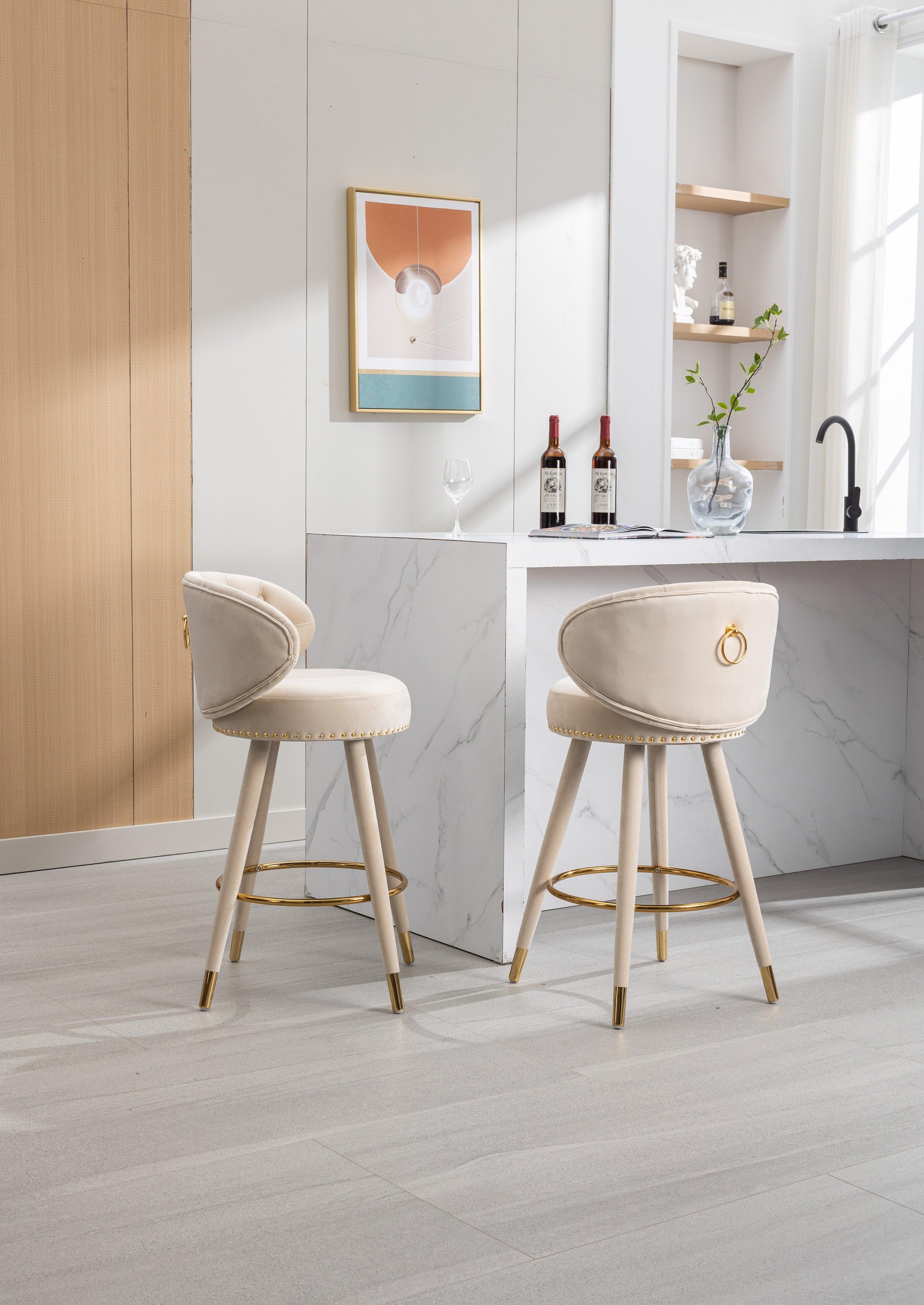 COOLMORE Counter Height Bar Stools Set of 2 for Kitchen Counter Solid Wood Legs with a fixed height of 360 degrees Beige - FurniFindUSA