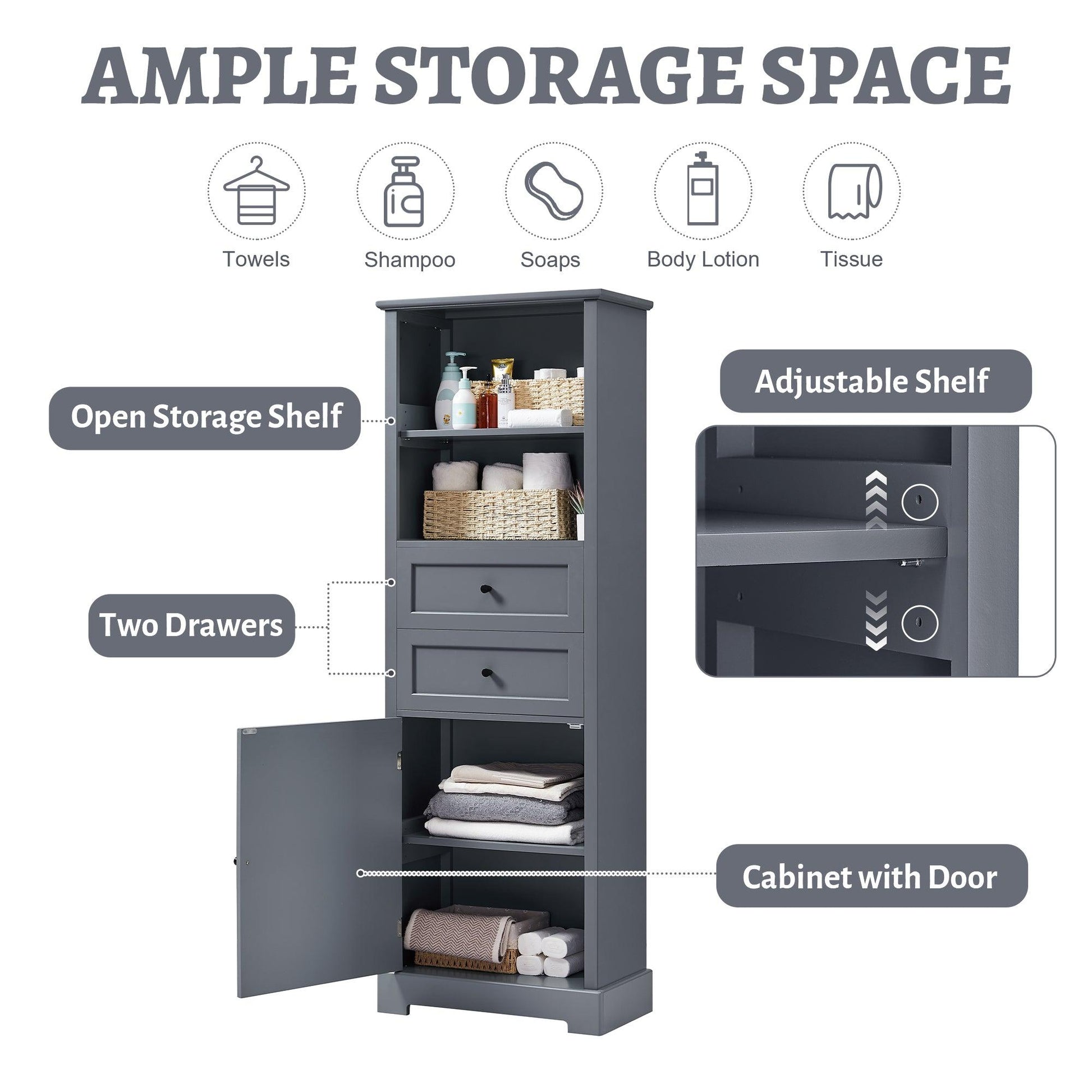 Bathroom Storage Cabinet, Tall Storage Cabinet with Two Drawers, Open Storage, Adjustable Shelf, Grey - FurniFindUSA
