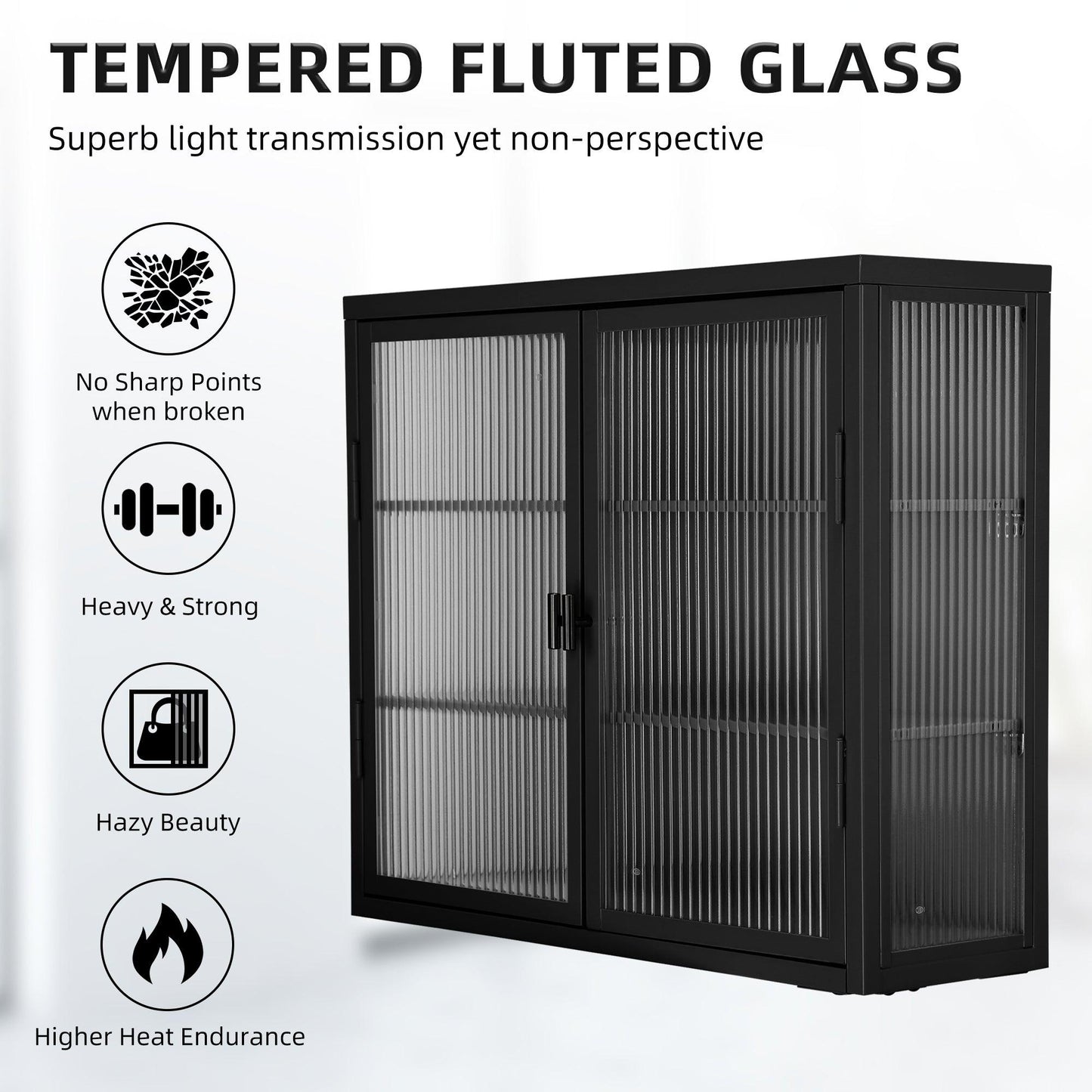 Retro Style Haze Double Glass Door Wall Cabinet With Detachable Shelves for Office Dining Room Living Room - FurniFindUSA