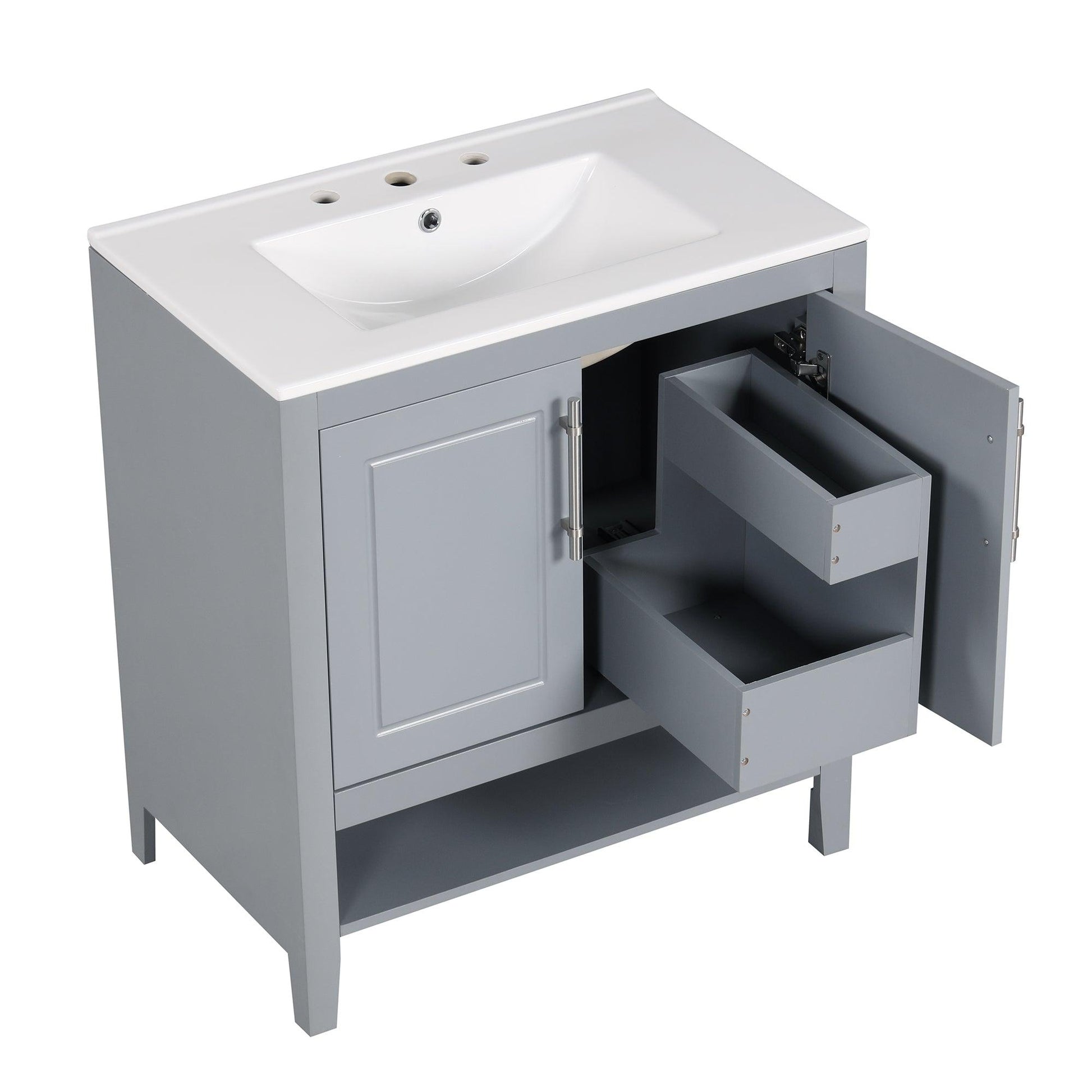 30" Bathroom Vanity with Sink, Multi-functional Bathroom Cabinet with Doors and Drawers, Solid Frame and MDF Board, Grey - FurniFindUSA