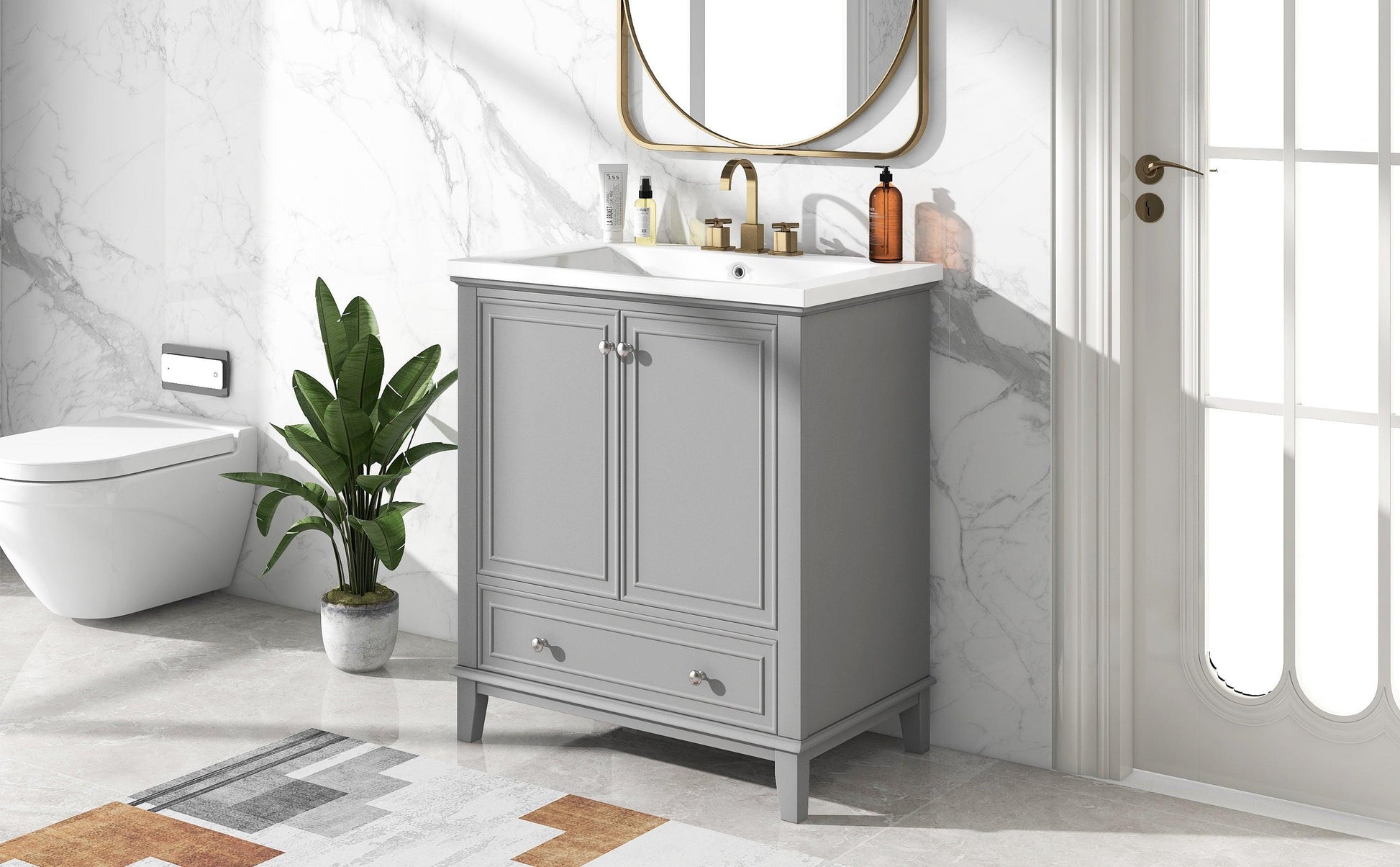 30inchgrey Bathroom Vanity with Sink ComboMulti-functional Bathroom Cabinet with Doors and Drawer Solid Frame and MDF Board - FurniFindUSA