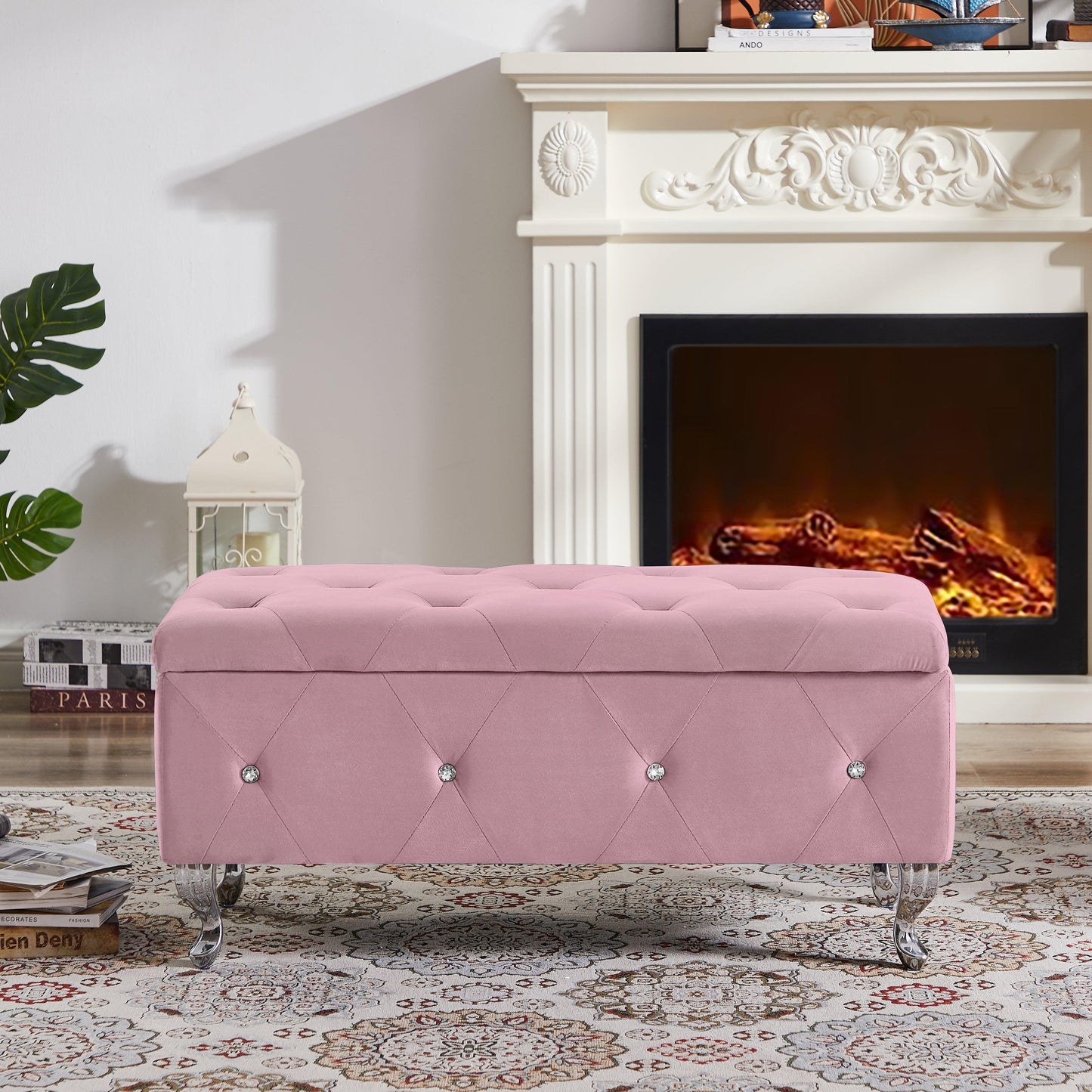 Storage Bench Flip Top Entryway Bench Seat with Safety Hinge Storage Chest with Padded Seat Pink Velet - FurniFindUSA