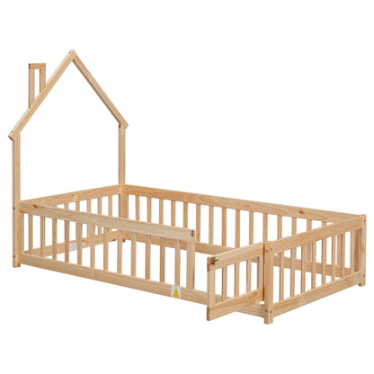 Twin House-Shaped Headboard Floor Bed with Fence Natural - FurniFindUSA