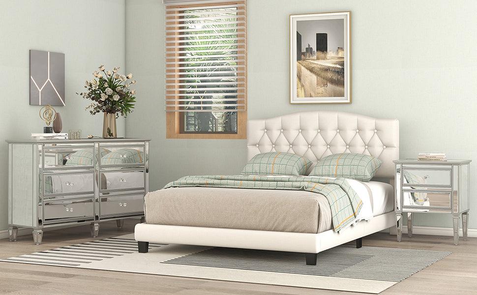 Upholstered Platform Bed with Saddle Curved Headboard and Diamond Tufted Details Queen Beige - FurniFindUSA