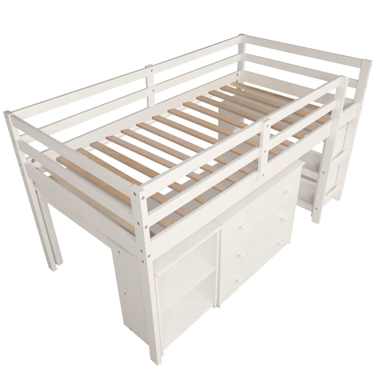 Low Study Twin Loft Bed with Cabinet and Rolling Portable Desk - White - FurniFindUSA