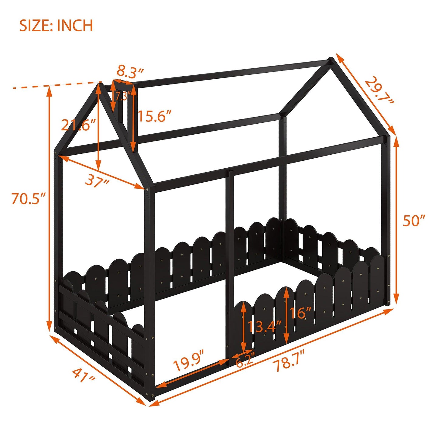 {Slats are not included}Twin Size Wood Bed House Bed Frame with Fence for KidsTeens Girls Boys - FurniFindUSA