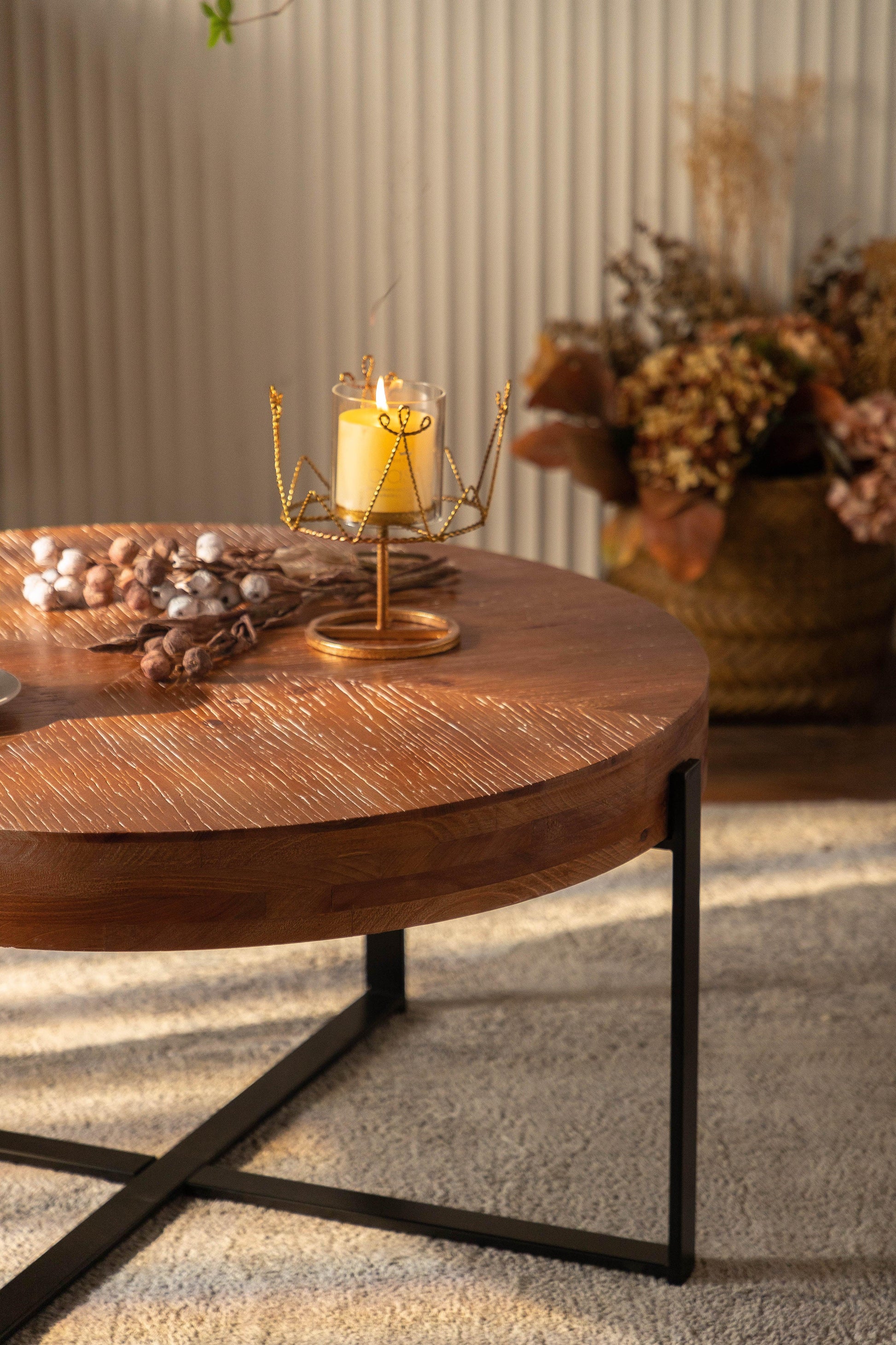 33.86"Modern Retro Splicing Round Coffee Table Fir Wood Table Top with Black Cross Legs Base - FurniFindUSA