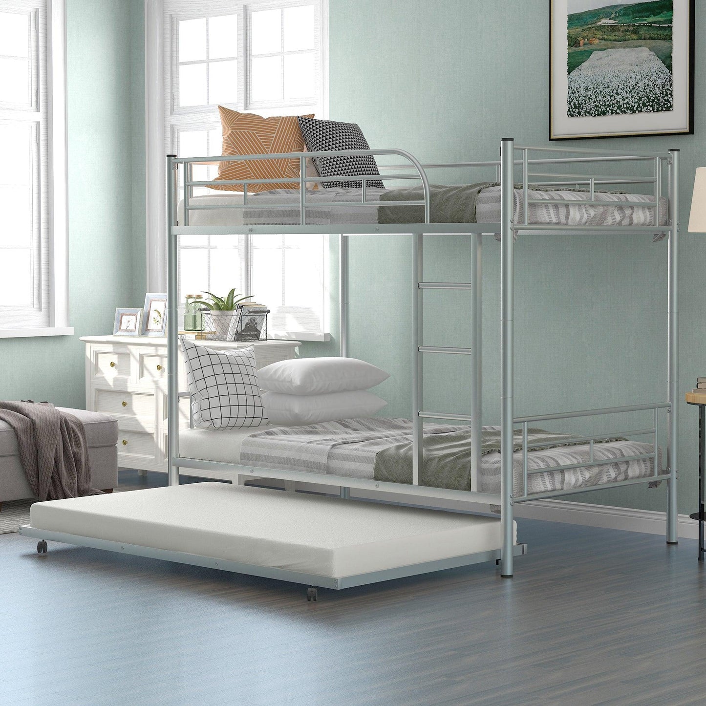 Twin-Over-Twin Metal Bunk Bed With Trundle Can be Divided into two beds No Box Spring needed White - FurniFindUSA