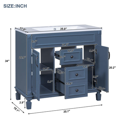 36 inch blue bathroom vanity with top sink, 2 soft doors and 2 drawers, single sink bathroom vanity - FurniFindUSA