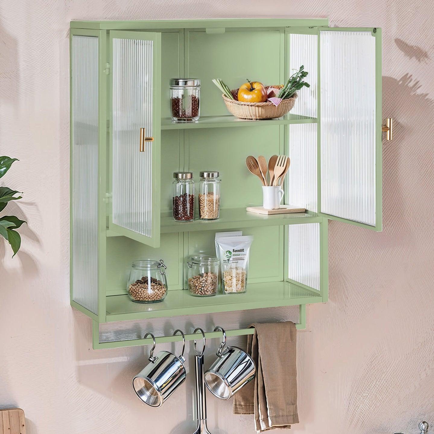 23.62"Glass Doors Modern Two-door Wall Cabinet with Featuring Two-tier Enclosed Storage Green - FurniFindUSA