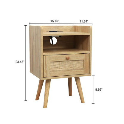 Natural Handmade Rattan Nightstand with 1 AC Outlet 2 USB Ports 1 Type C Port End Table - FurniFindUSA