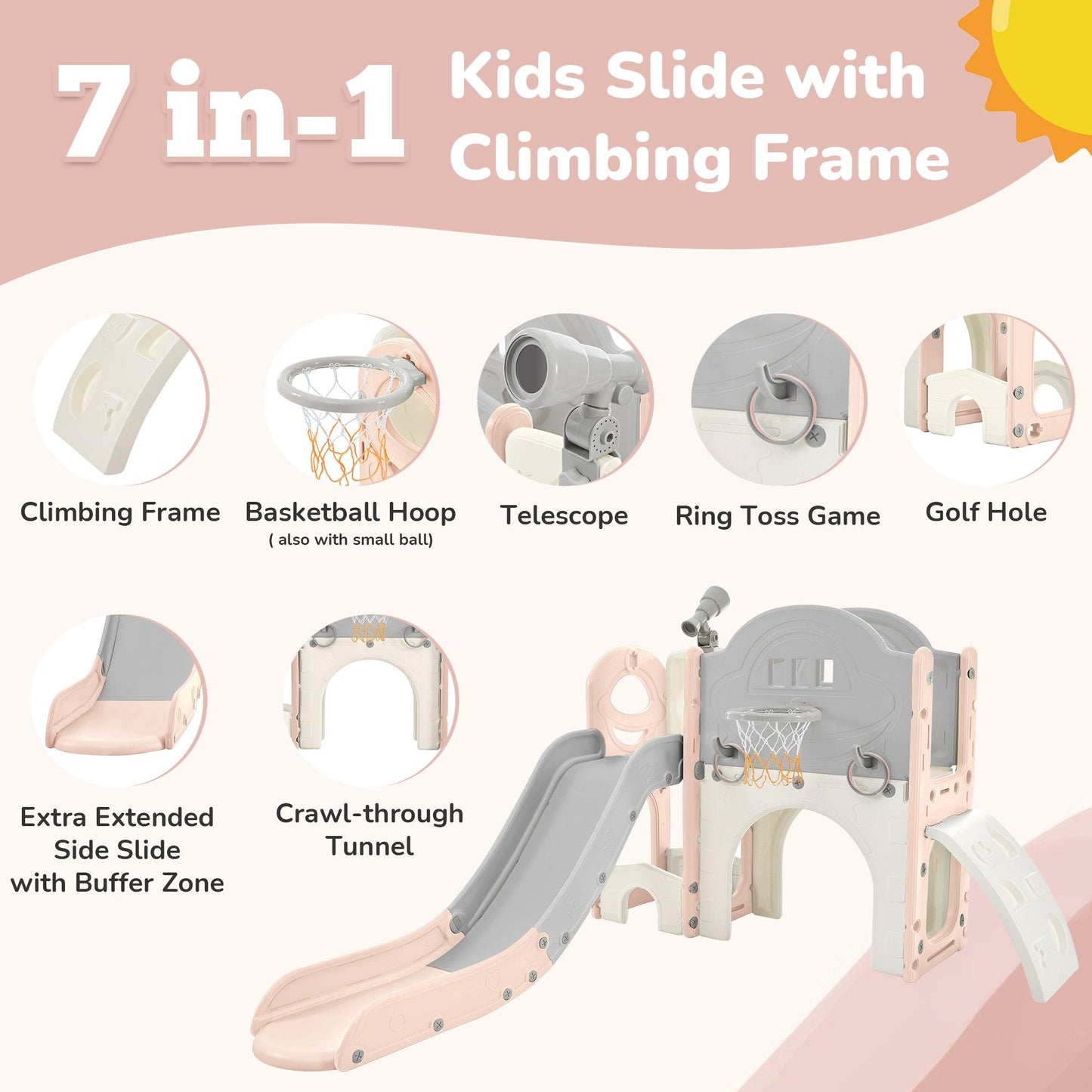 Kids Slide Playset Structure 7 in 1, Freestanding Spaceship Set with Slide, Arch Tunnel Pink+Grey + HDPE - FurniFindUSA