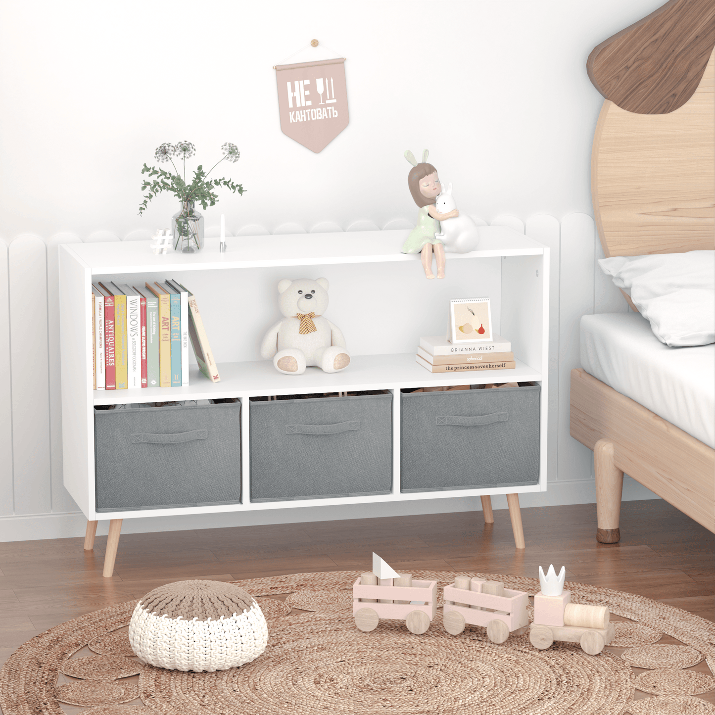 Kids bookcase with Collapsible Fabric Drawers Children's Book Display Toy Storage Cabinet Organizer White/Gray - FurniFindUSA