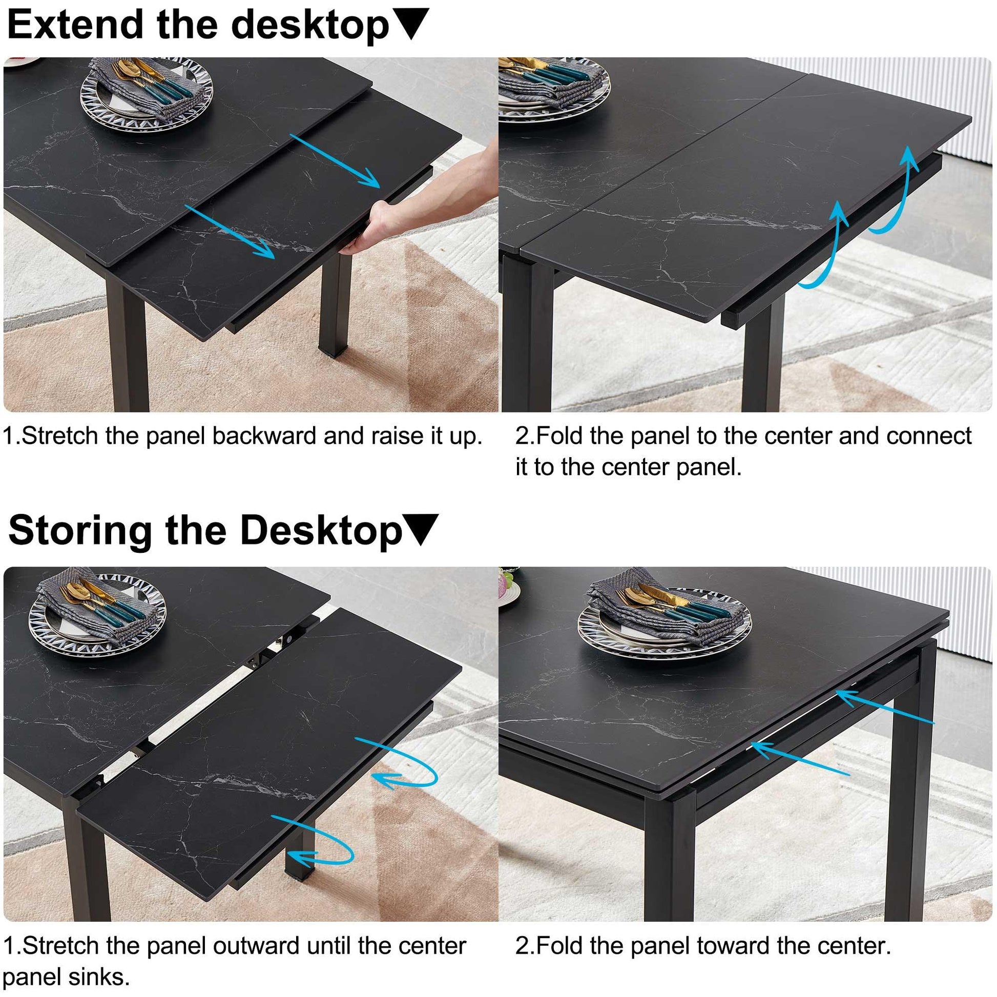 Black Ceramic Modern Rectangular Expandable Dining Room Table For Space-Saving Kitchen Small Space -Table - FurniFindUSA