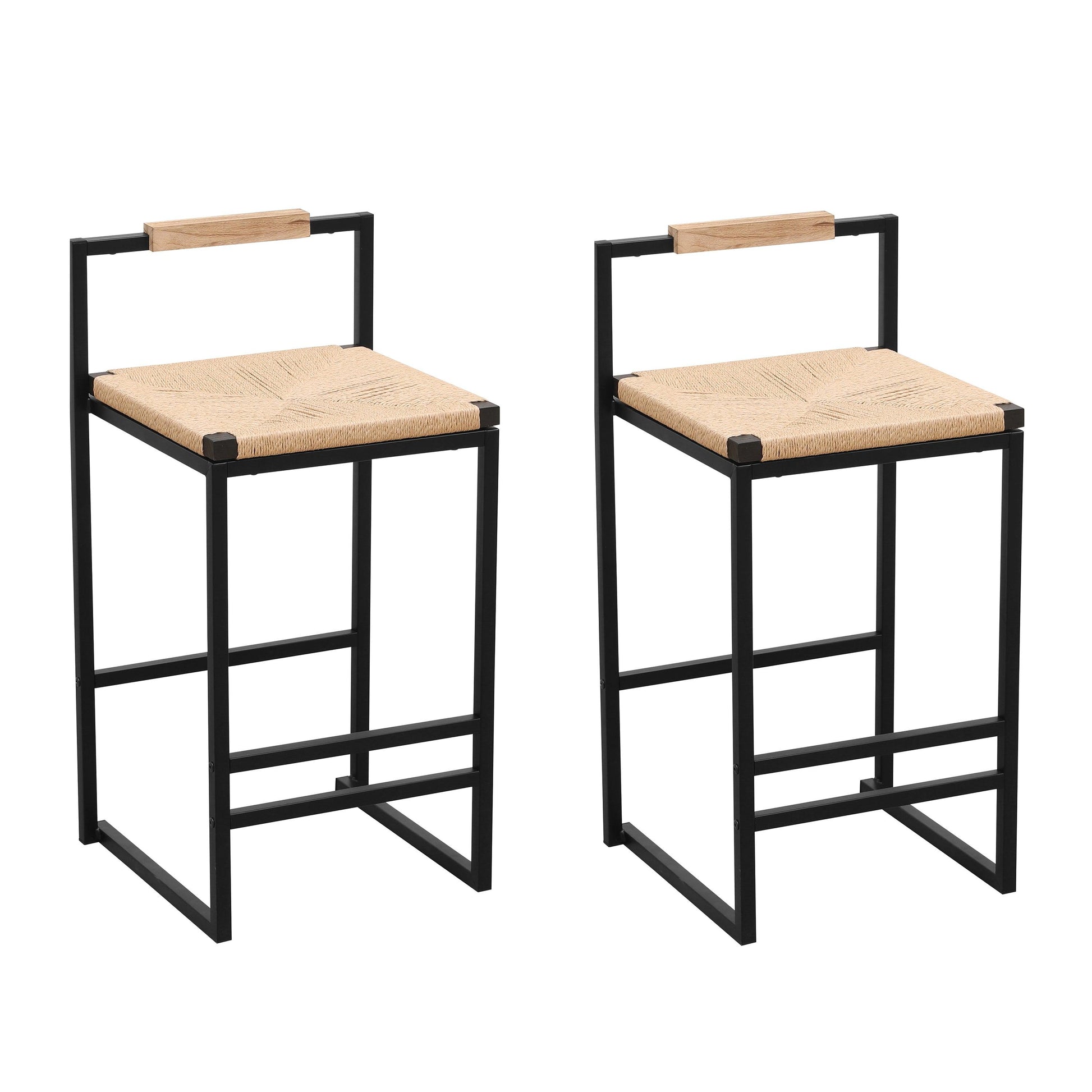 Set of 2 Bar Stools with Back Paper Rope Woven Counter Height Dining Chairs for Kitchen Home (Paper Rope with Back) - FurniFindUSA