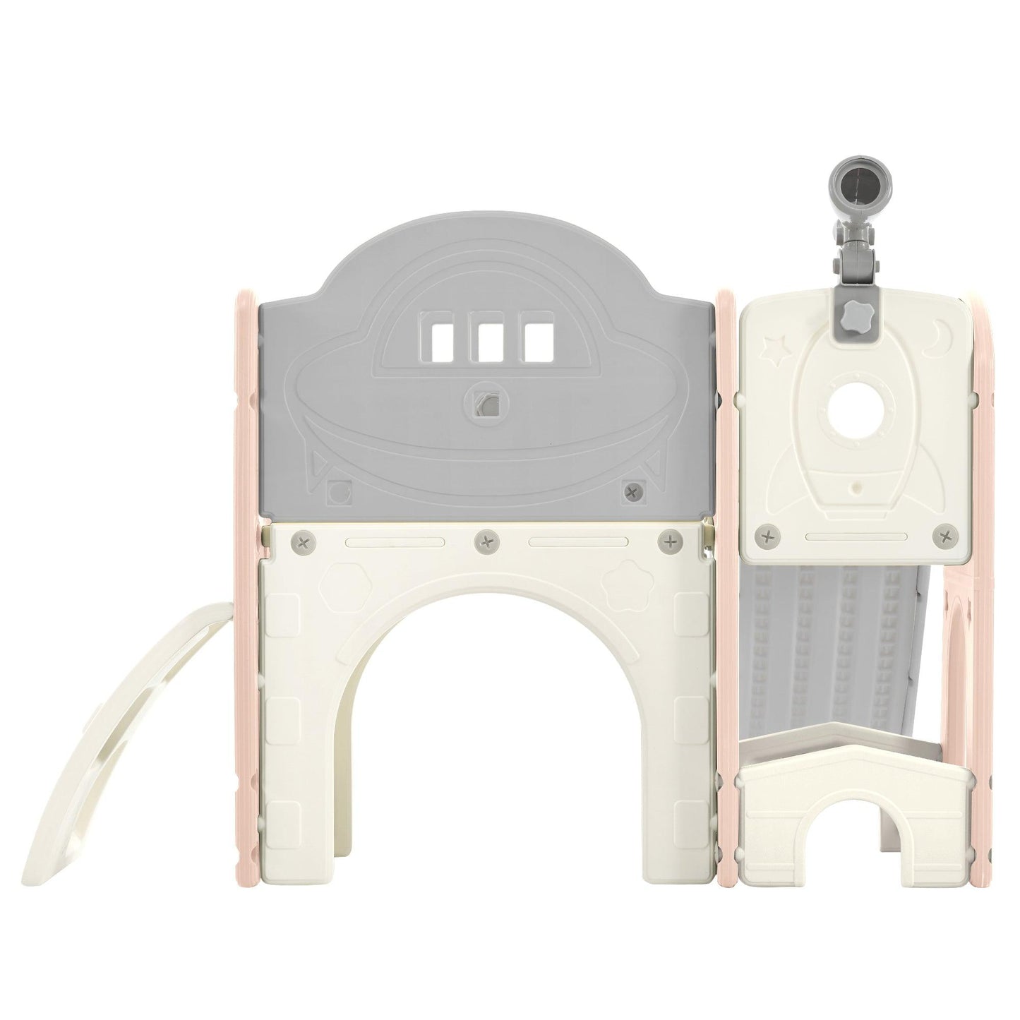 Kids Slide Playset Structure 7 in 1, Freestanding Spaceship Set with Slide, Arch Tunnel Pink+Grey + HDPE - FurniFindUSA