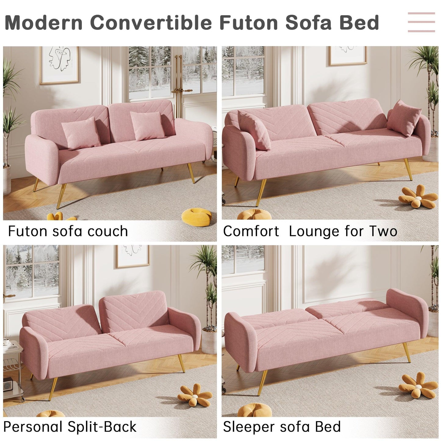 70.47" Pink Fabric Double Sofa with Split Backrest and Two Throw Pillows - FurniFindUSA