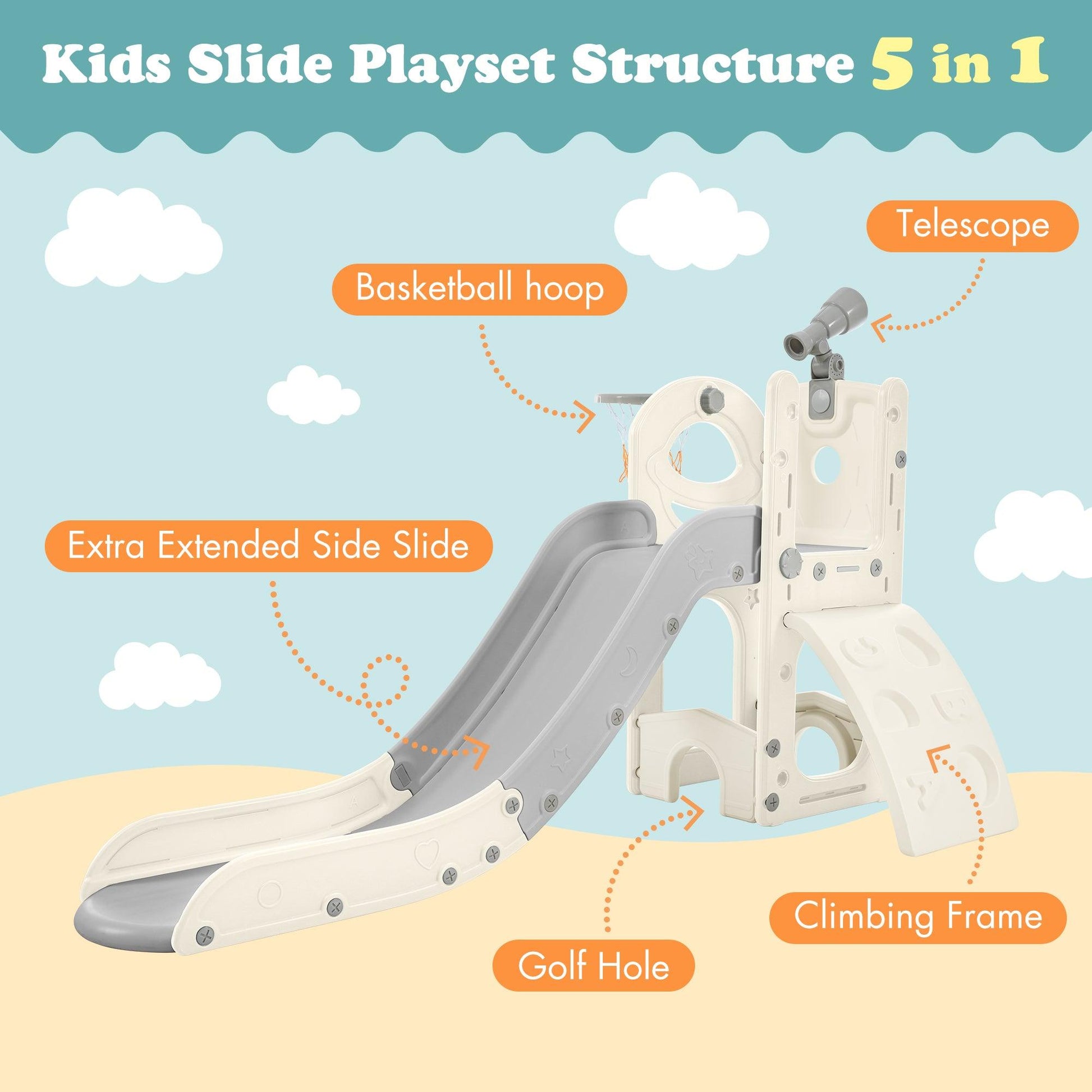 Kids Slide Playset Structure 5 in 1, Freestanding Spaceship Set with Slide, Telescope and Basketball Hoop Grey+White + HDPE - FurniFindUSA