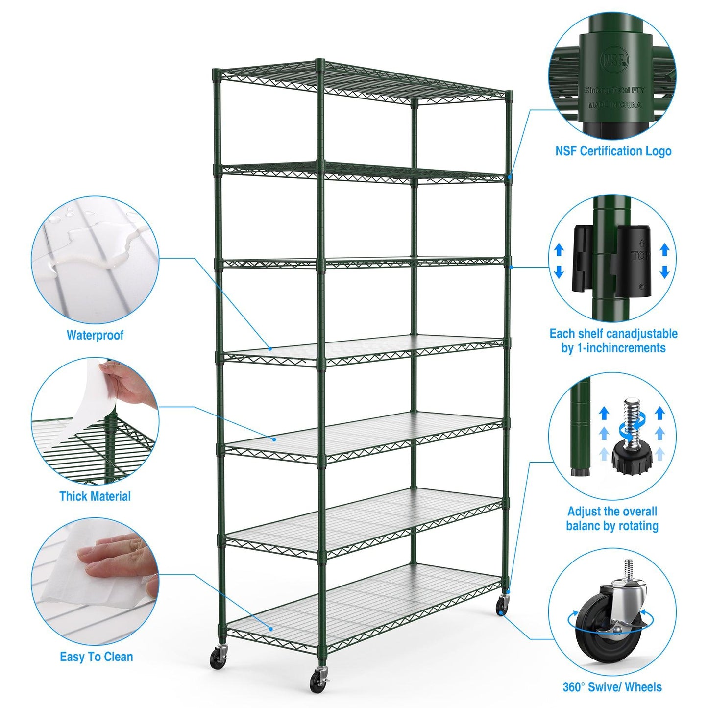 7 Tier Wire Shelving Unit 2450 LBS NSF Height Adjustable Metal Garage Storage Shelves with Wheels Green - FurniFindUSA