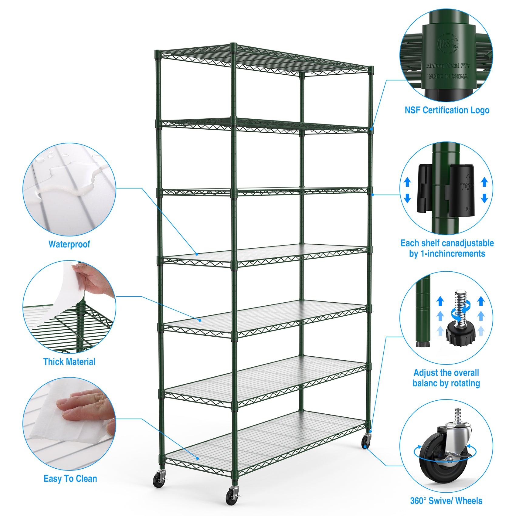 7 Tier Wire Shelving Unit 2450 LBS NSF Height Adjustable Metal Garage Storage Shelves with Wheels Green - FurniFindUSA