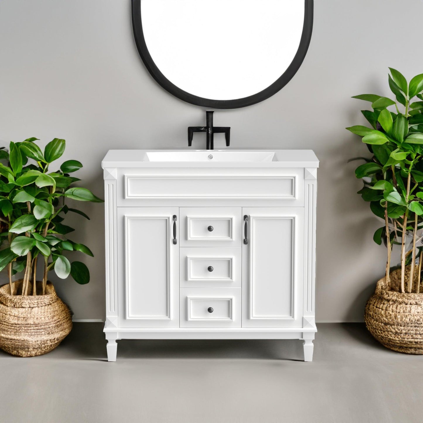 36 inch white bathroom vanity with top sink, equipped with 2 soft closing doors and 2 drawers, bathroom storage cabinet, single - FurniFindUSA