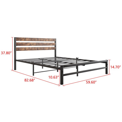 Queen Size Platform Bed Frame with Rustic Vintage Wood Headboard Strong Metal Slats Support Mattress Foundation Rustic Brown - FurniFindUSA