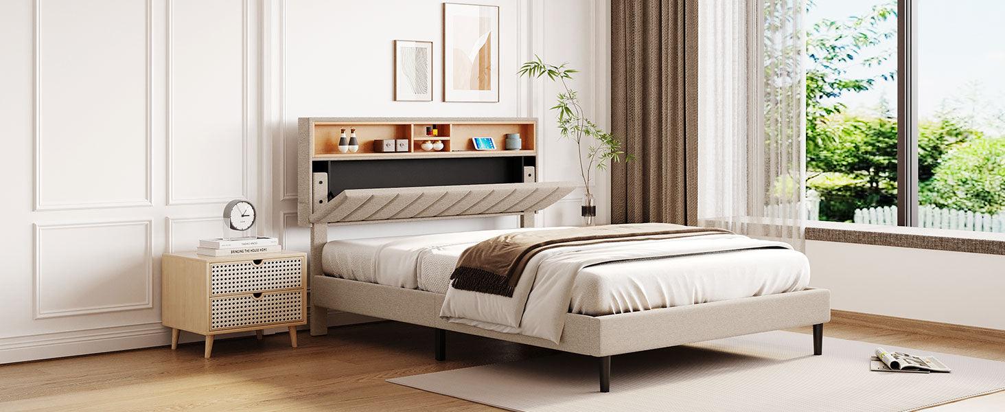 Queen Size Upholstered Platform Bed with Storage Headboard and USB Port Linen Fabric Upholstered Bed (Beige) - FurniFindUSA