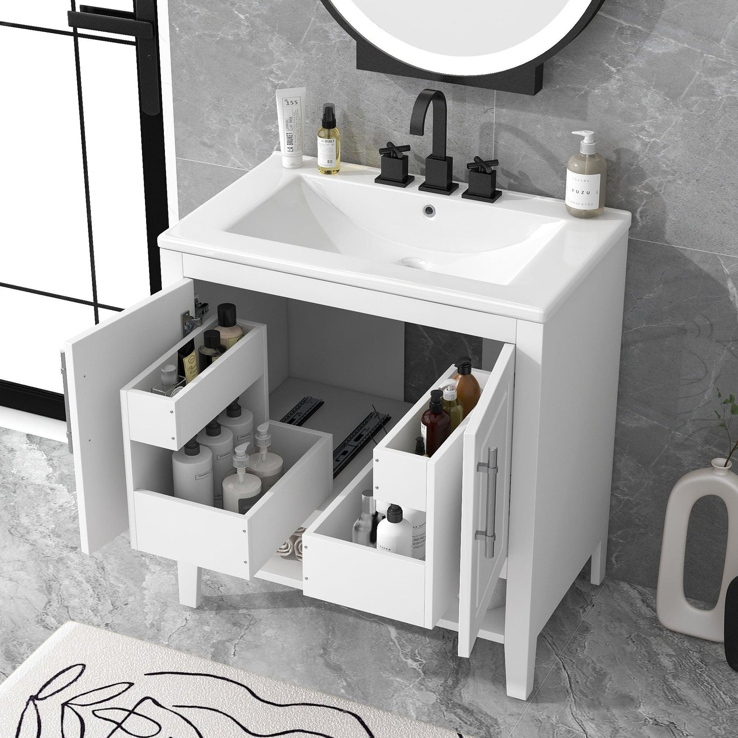 30" Bathroom Vanity with Sink Multi-functional Bathroom Cabinet with Doors and Drawers Solid Frame and MDF Board, White - FurniFindUSA