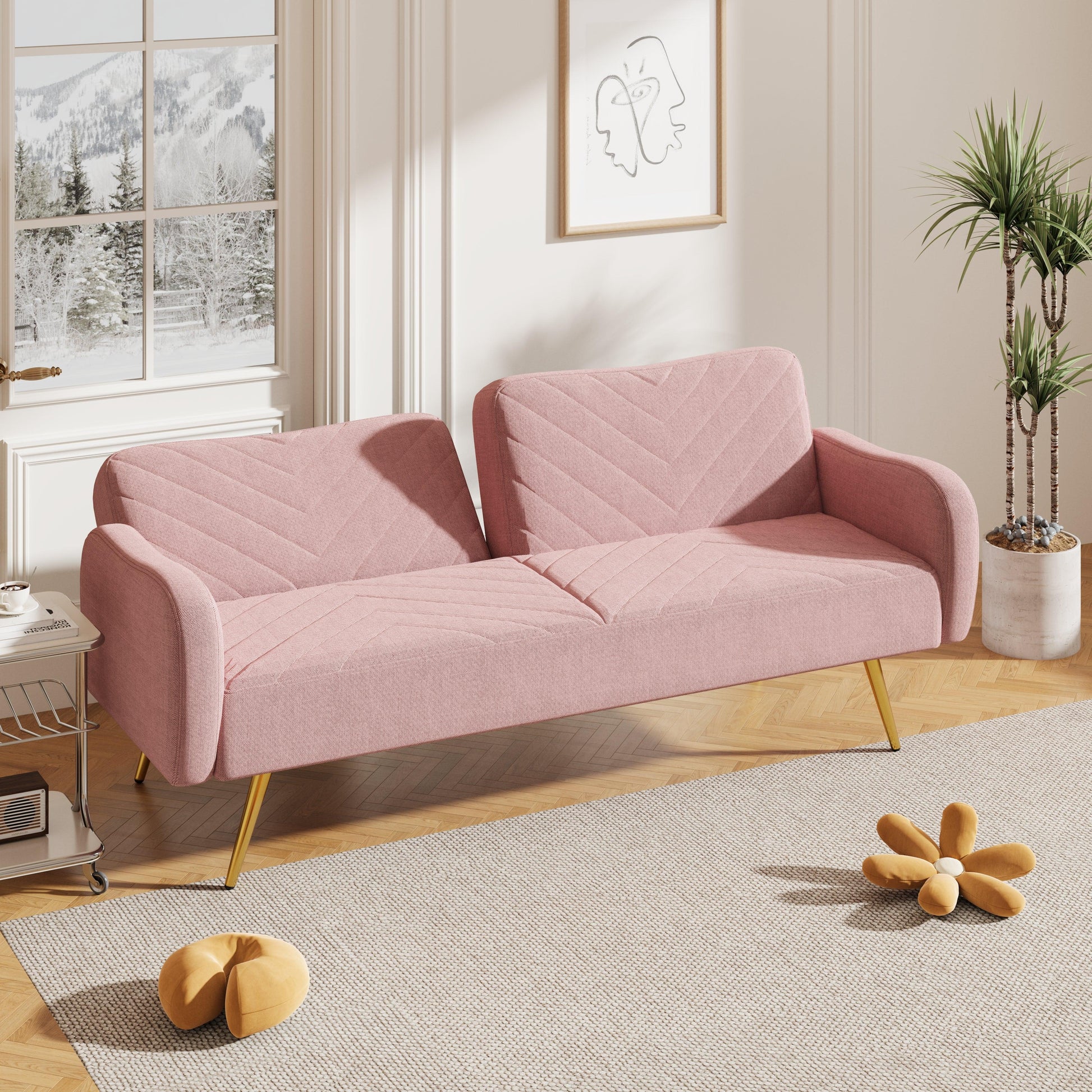 70.47" Pink Fabric Double Sofa with Split Backrest and Two Throw Pillows - FurniFindUSA