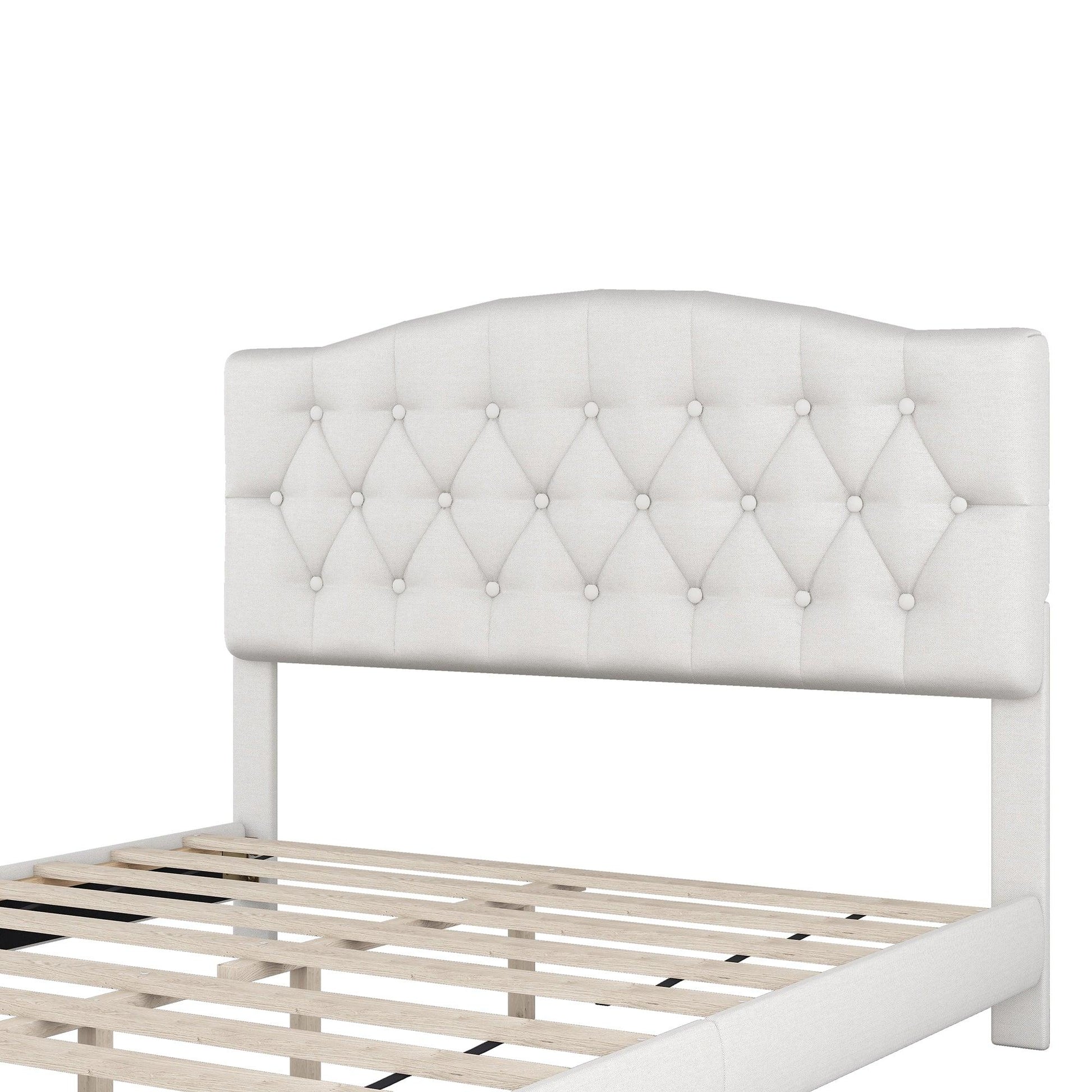 Upholstered Platform Bed with Saddle Curved Headboard and Diamond Tufted Details Queen Beige - FurniFindUSA