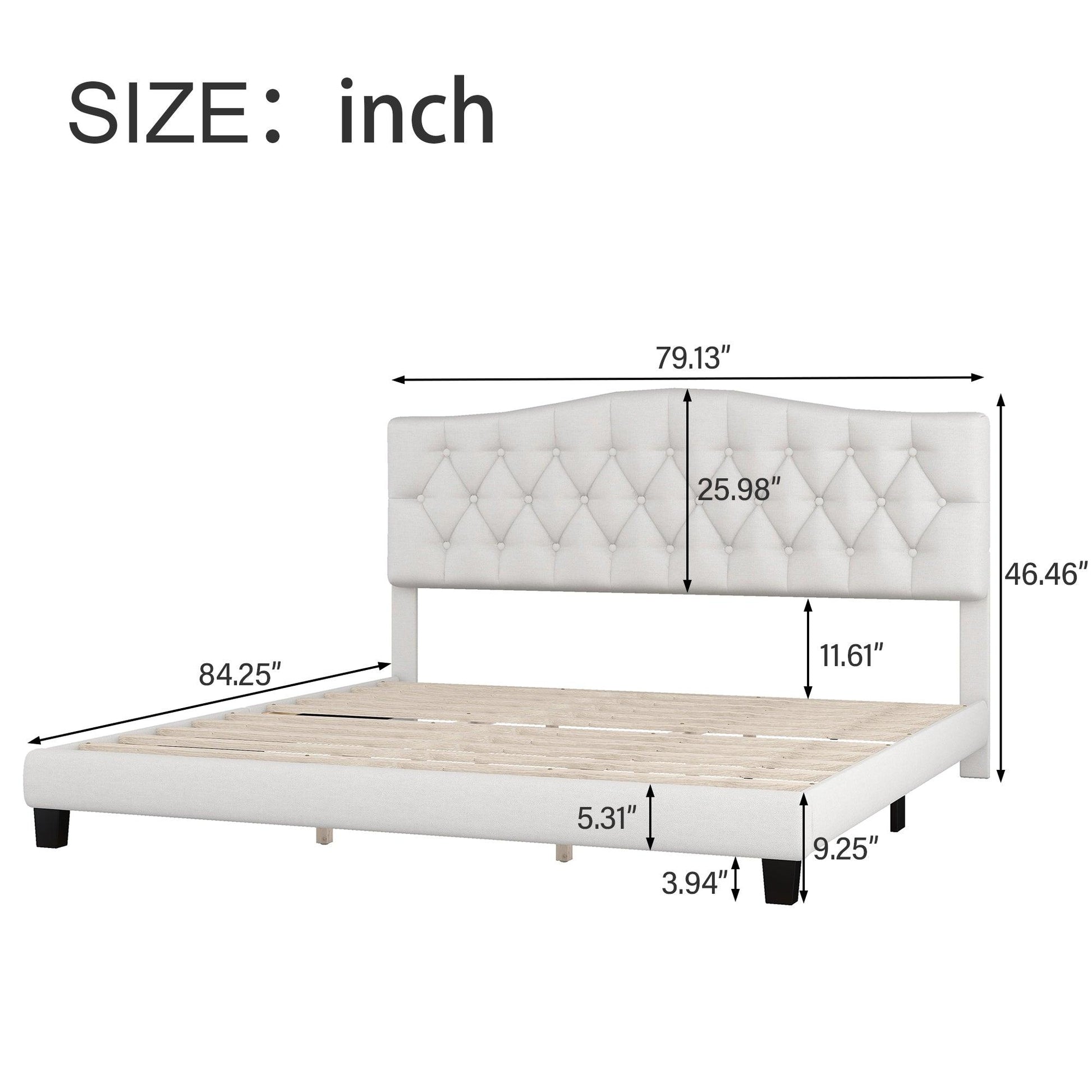 Upholstered Platform Bed with Saddle Curved Headboard and Diamond Tufted Details King Beige - FurniFindUSA