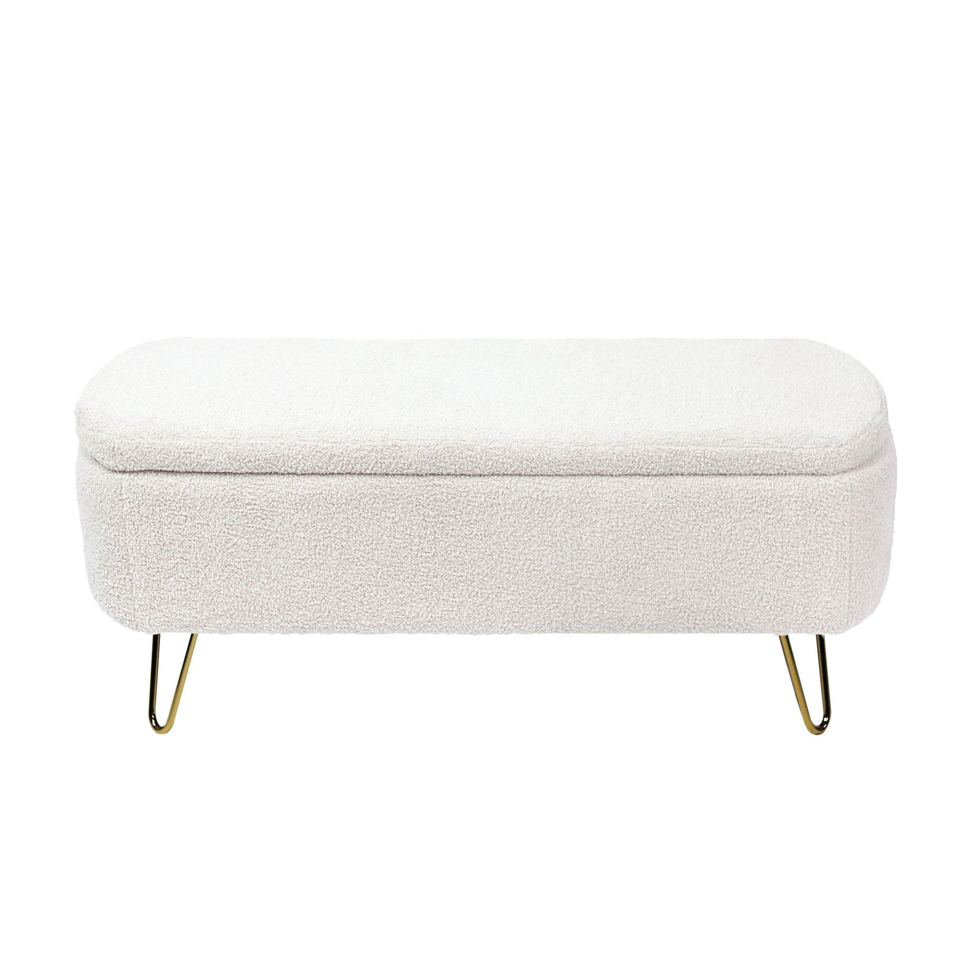 Ivory White Storage Ottoman Bench for End of Bed Gold Legs - FurniFindUSA