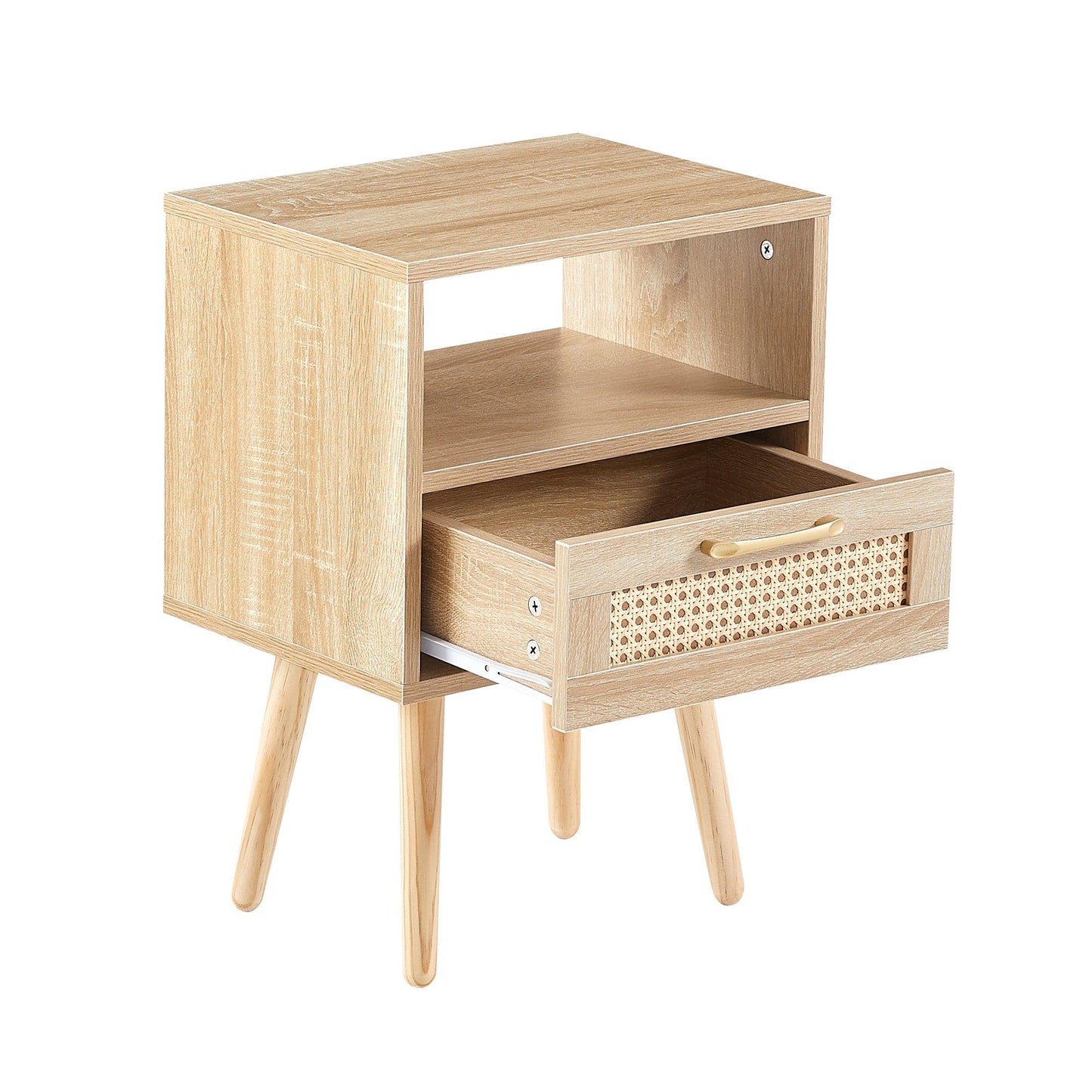 15.75" Rattan End table with drawer and solid wood legs Modern nightstand side table for living room natural - FurniFindUSA